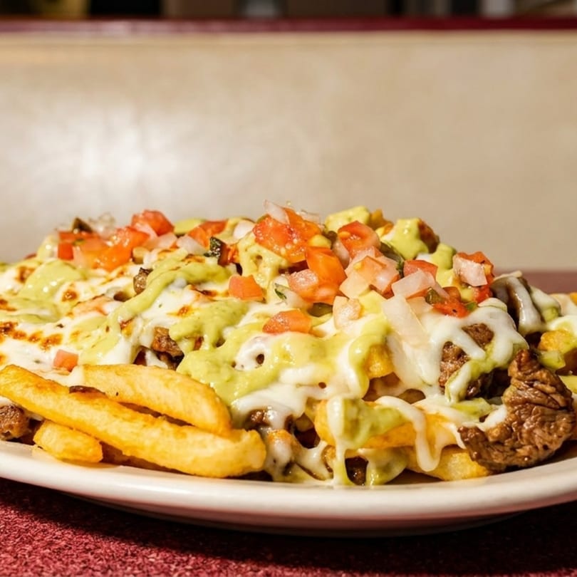 A plate of carne asada fries topped with melted cheese, guacamole, and pico de gallo.